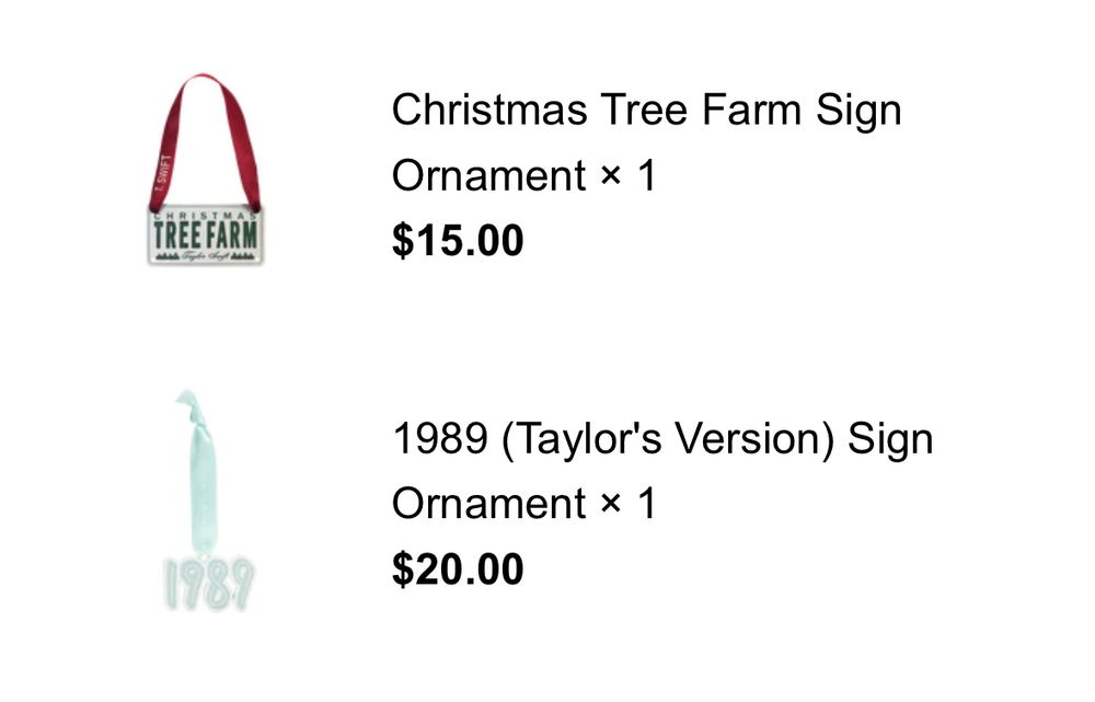 Taylor swift Christmas tree ornament and a 1989 Ornament from her recent Holiday merch drop. 