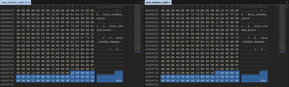 A hex editor showing the sound bank exported from Marathon on the left and the original game's sound bank on the right. The highlighted data shows the only differences between the two files, where the original file (right) incorrectly starts incrementing the cue indices.