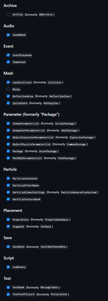 A checklist of updated file format names for SONIC THE HEDGEHOG (2006) with their new names and old names.