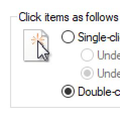 The "Folder Options" dialog from Microsoft Windows zoomed into the "Click items as follows" group.