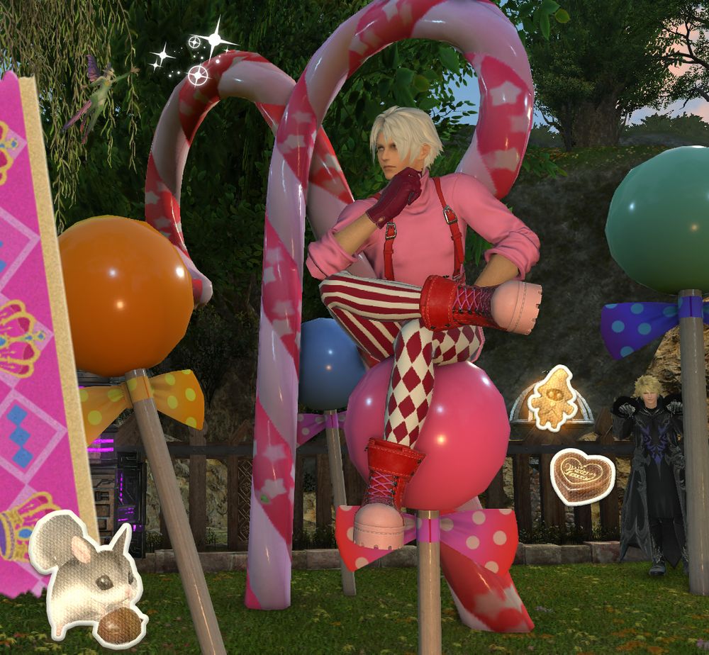 in game ffxiv gpose of thancred in a peppermint themed outfit sitting in candy scenery while pashtarot lurks in the background