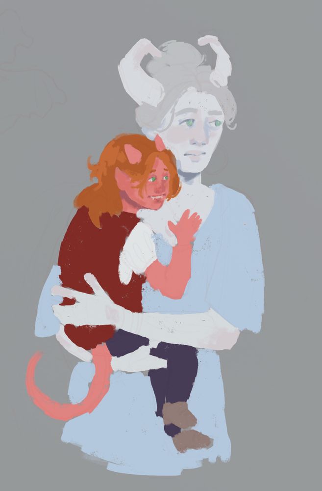 Messy digital sketch of Sylva holding her son Ferdinand, Sylva is a white tiefling in a light blue dress, Ferdinand is a light red Tiefling child in a red vest and blue trousers. Her expression is tired, while he is grinning.