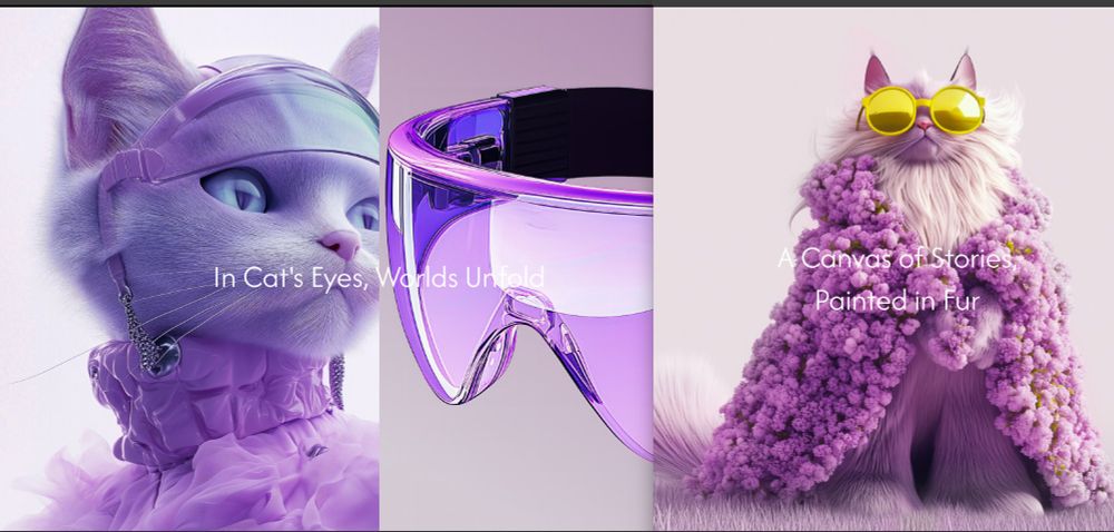 Catly website, AI generated image of a pink cat wearing goggles I guess, and another pink cat wearing yellow sunglasses and a cloak made of flowers, except its feet are all messed up, like they look like furry boots.