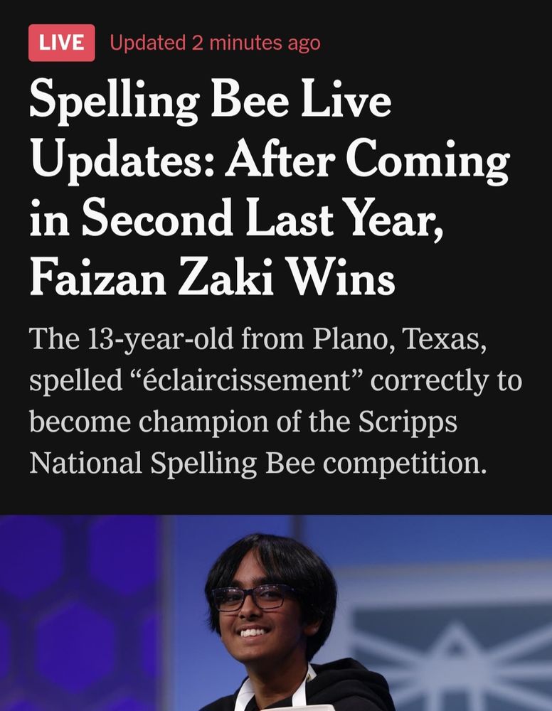 National Spelling Bee results showing Dallas-area teen as winner