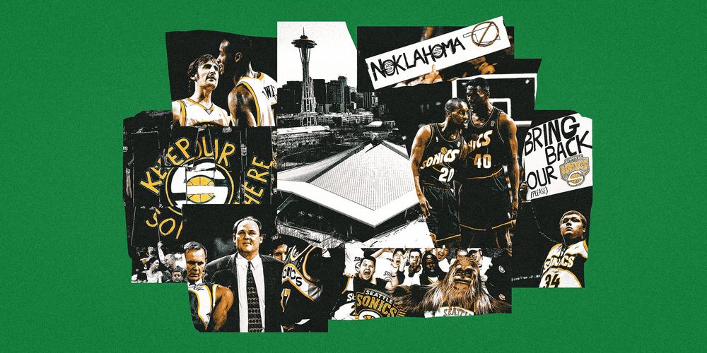A photo illustration for a story about the Seattle SuperSonics' potential return to the city. The illustration features memories from the Sonics' first stint.