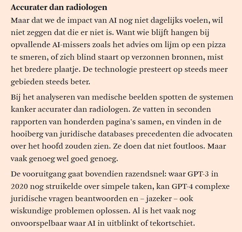 ‘Wie nu nog denkt dat het met AI wel losloopt, is naïef.

Bijna drie jaar na #ChatGPT zijn we niet massaal werkloos of heel veel productiever. Maar dat wil niet zeggen dat de #AI-revolutie niet al lang gaande is.’

https://fd.nl/tech-en-innovatie/1557785/wie-nu-nog-denkt-dat-het-met-ai-wel-losloopt-is-naief (https://archive.ph/Ks3tJ)