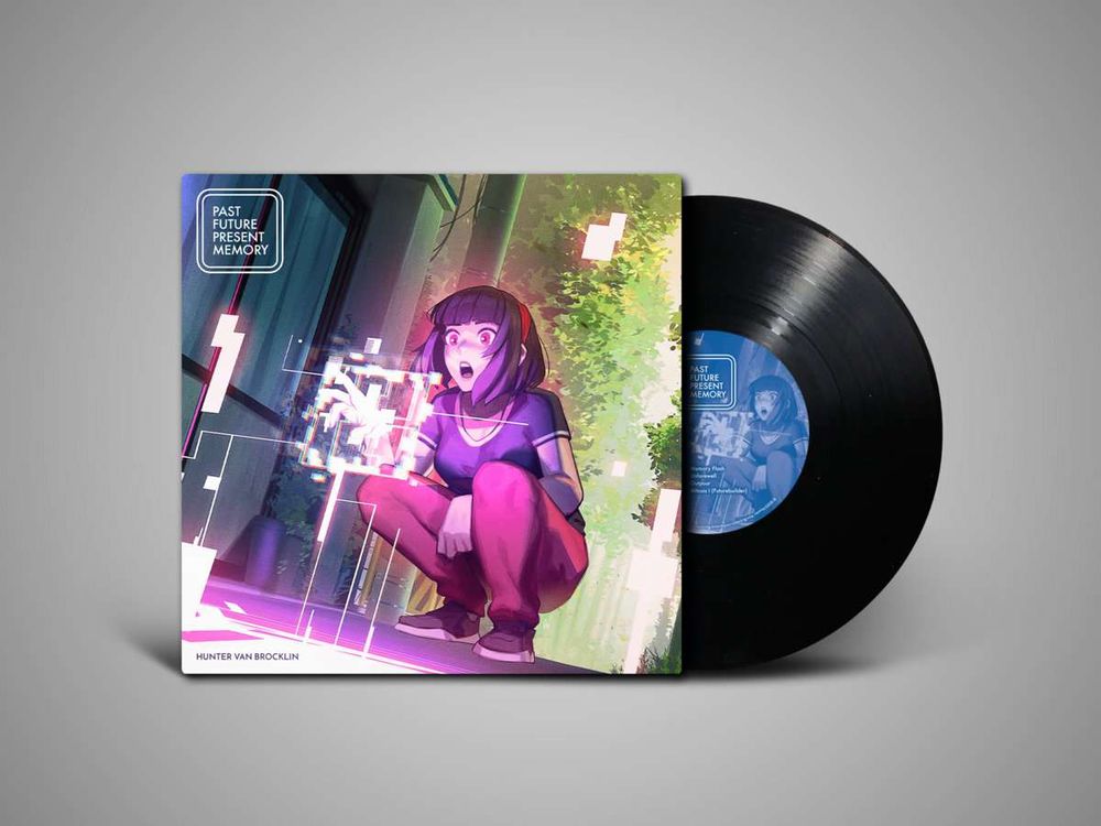 a promotional image of the front cover and A-side of the Past Future Present Memory vinyl album