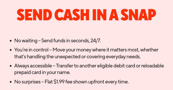 Screenshot of an email from DoorDash to its Dashers. The portion in the screenshot reads:

SEND CASH IN A SNAP

* No waiting – Send funds in seconds, 24/7.
* You’re in control – Move your money where it matters most, whether that’s handling the unexpected or covering everyday needs.
* Always accessible – Transfer to another eligible debit card or reloadable prepaid card in your name.
* No surprises – Flat $1.99 fee shown upfront every time.

