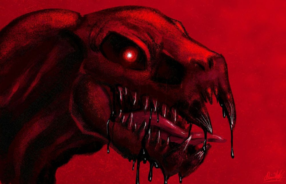 Digital painting of a dinosaur-like monster in red and black monochrome. It has textured skin, glowing eyes, and black blood dripping from its teeth.