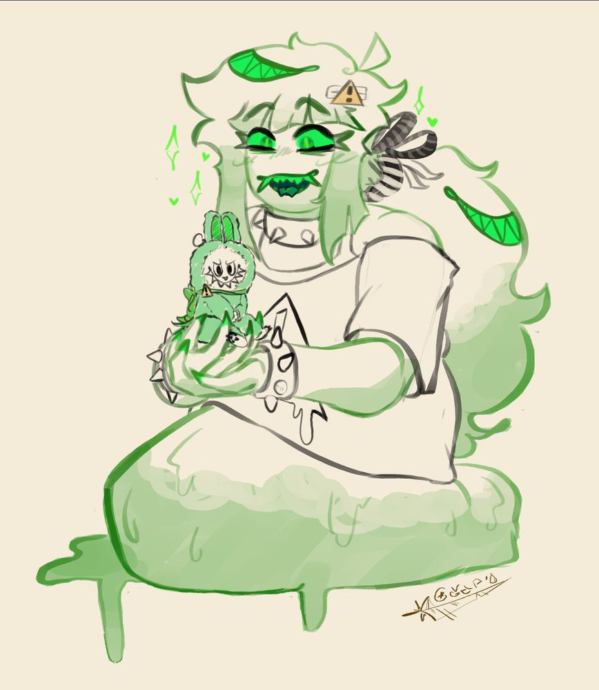 phi sitting smiling, holding with both hands a labubu with a little ribbon and a warning sign pin
