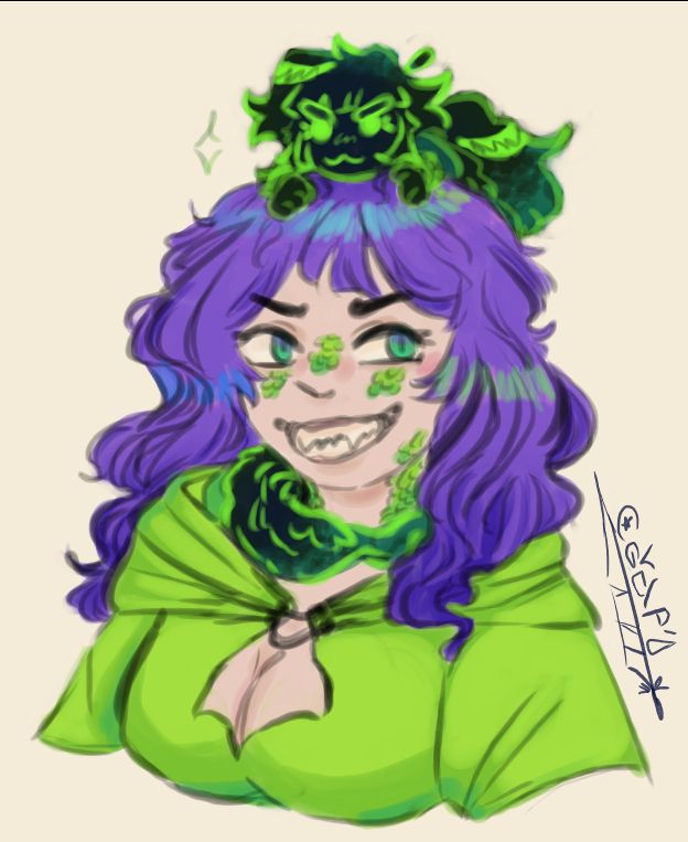 gamersupps' kaiju-chan, drawn with green scales over the nose, just under the eyes and at the sides of the neck. a mini phi is on her head, ratatouille style