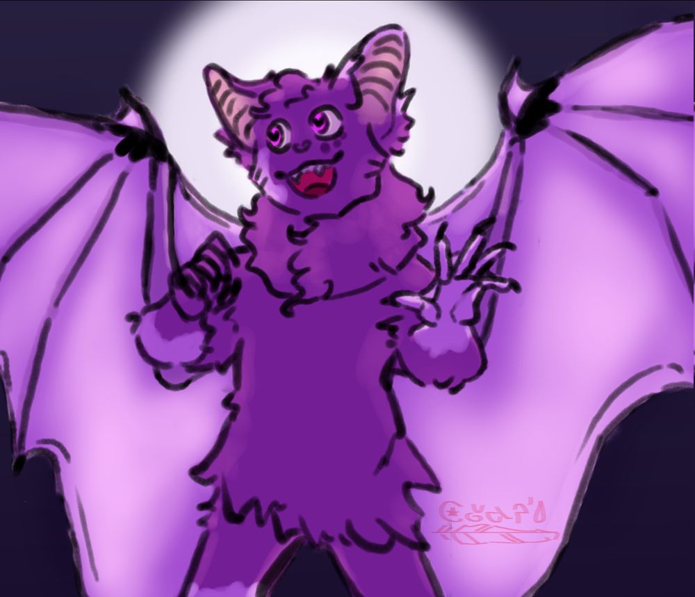 a purple bat furry, the moon behind making her open wings glow