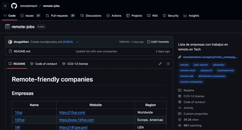 Repositorio remote-jobs con una lista de empresas con trabajos en remoto en Tech