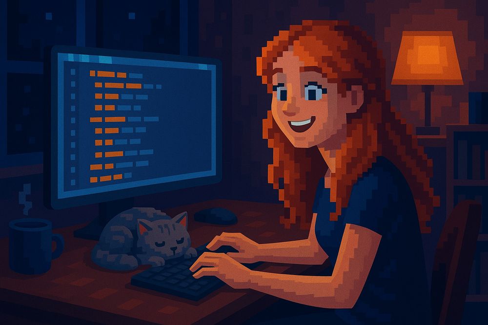 Una chica pelirroja feliz teclea como si su código estuviera compilandose a la primera, mientras su gato gris duerme justo al lado del teclado, soñando con ser el nuevo asistente de GitHub Copilot.