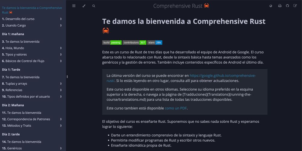 Captura de pantalla de Comprehensive Rust, un libro para aprender el lenguaje de programación Rust.