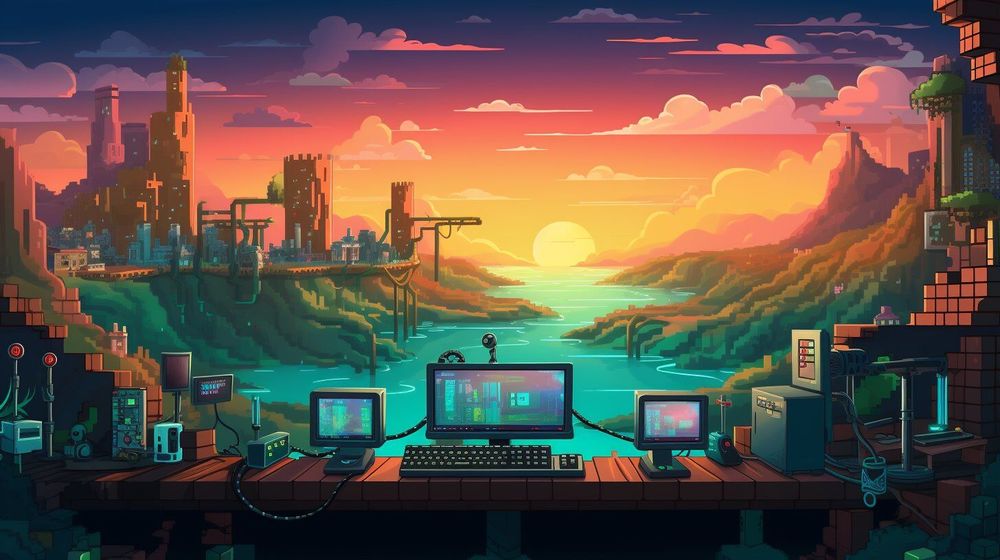 Aparece un paisaje pixelado, con un atardecer que baña un río. Se ve a través de una ventana que tiene diferentes ordenadores.