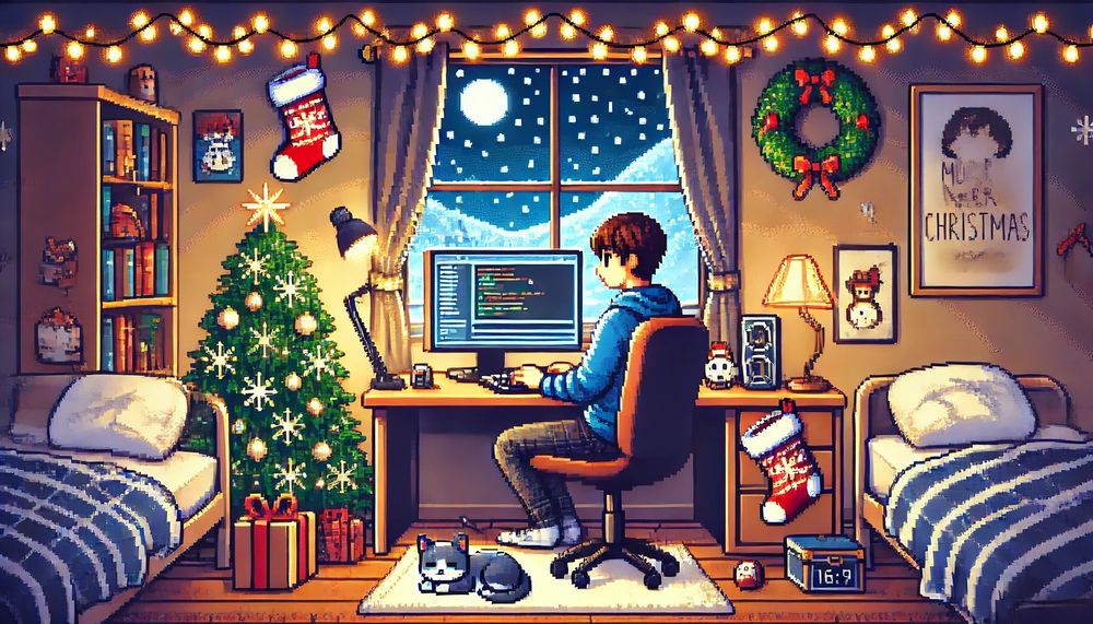 Pixel art de un joven programando en una acogedora habitación iluminada cálidamente, decorada con detalles navideños como luces, un pequeño árbol de Navidad y calcetines colgados. Fuera de la ventana, cae nieve suavemente, creando un ambiente festivo. Sobre el escritorio, junto al ordenador, un pequeño gato gris duerme plácidamente, añadiendo un toque tranquilo y navideño a la escena