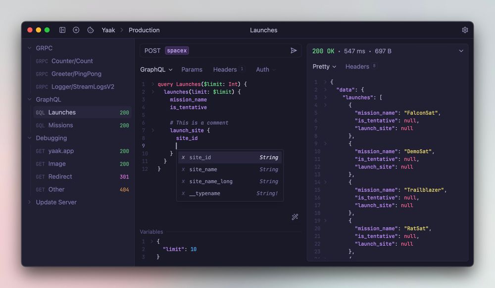 Captura de pantalla de Yaak mostrando una consulta GraphQL a la API de SpaceX con el panel oscuro tan elegante que parece decir: “sí, Postman, toma asiento”.