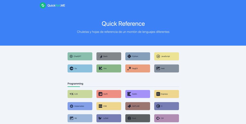 Captura de pantalla de la web de Quick Reference, con chuletas y hojas de referencia de un montón de lenguajes de programación diferentes