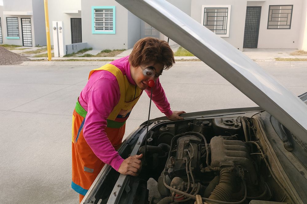 Un payaso con cara de concentración revisando el motor de un coche, como si estuviera a punto de descubrir por qué no arranca... y probablemente no tenga ni idea.