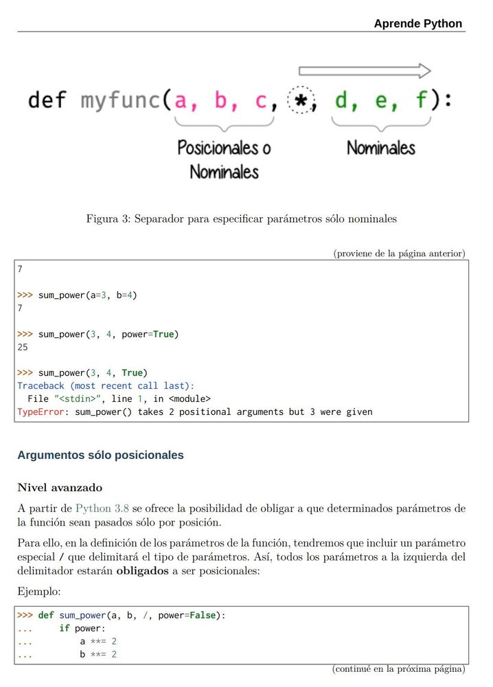 Ejemplo de página del libro donde habla de los parámetros no nominales de las funciones en Python
