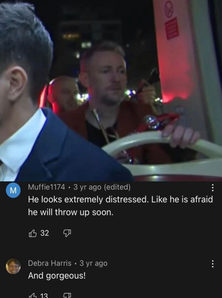 An image of Alex Horne looking incredibly exhausted towards the end of his 25hr song challenge for Stand Up to Cancer. The inserted comments below read: 
user 1: He looks extremely distressed. Like he is afraid he will throw up soon. 
user 2: And gorgeous!