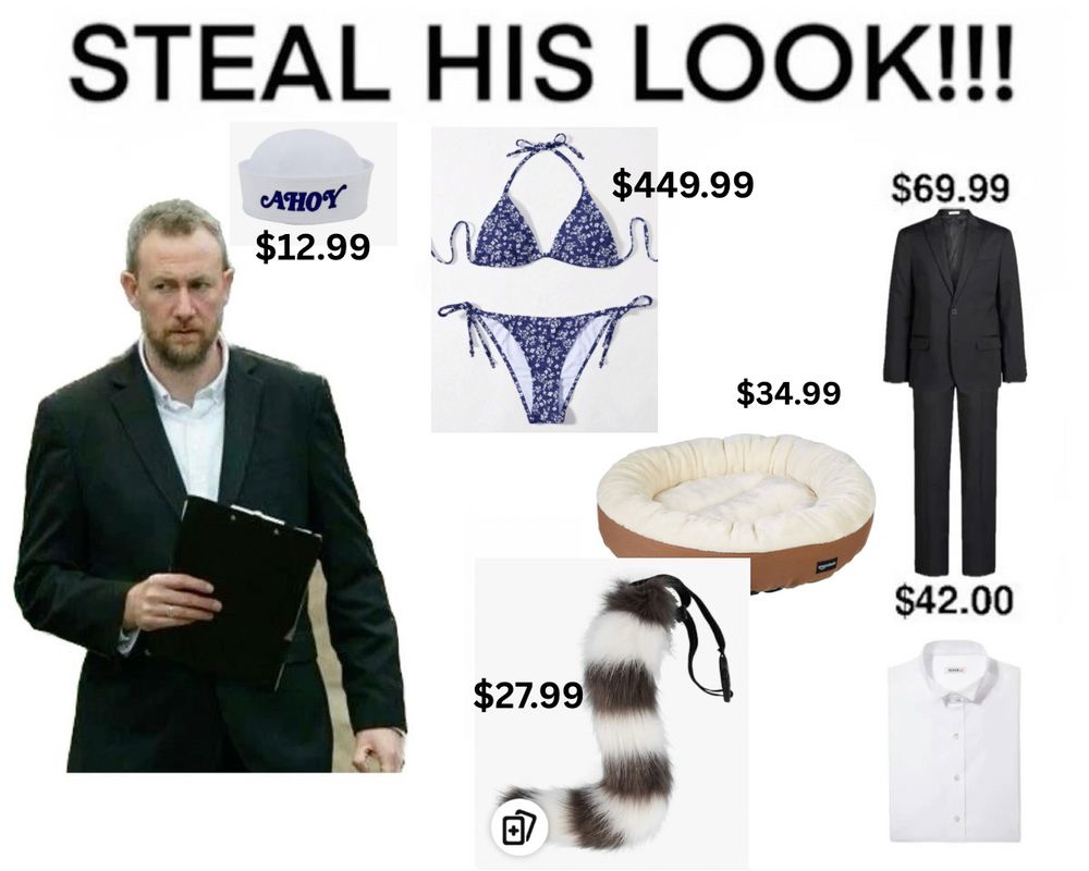 The meme has the heading STEAL HIS LOOK!!! It features Alex Horne in his taskmaster suit holding a clipboard on the left, to the right are a selection of various items Alex has worn or interacted with in the show. They are the AHOY sailor’s hat, a fluffy lemur tail, a dog bed and a bikini top and bottoms. There is also a representation of his cheap suit and shirt. Each is assigned a fake price, with the bikini rated obscenely expensive at $449.99