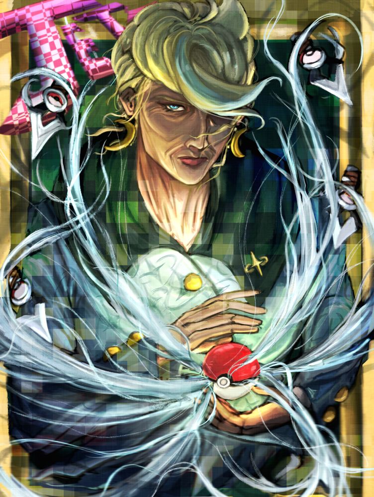 Illustration of Jett from Pokemon Legends ZA, holding a PokeBall that is emitting wind tendrils, featuring knives from a character also named Jett from valorant 
