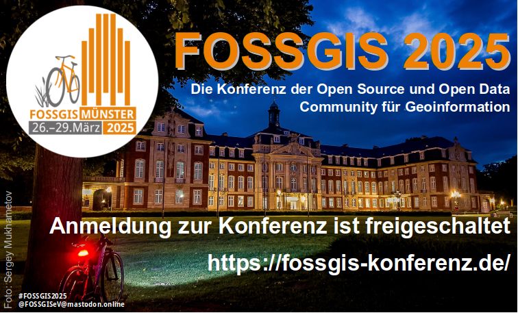 Schloss Münster im Dämmerlicht, vorne links ein Baum an dem ein Fahrrad lehnt, das Rücklicht leuchtet. Das Foto wurde von Sergey Mukhametov gemacht. Weiterhin sind zu sehen: das Konferenzlogo sowie folgender Schriftzug: "FOSSGIS - Die Konferenz der Open Source und Open Data Community für Geoinformation.", "Anmeldung zur Konferenz ist freigeschaltet
https://fossgis-konferenz.de/!" #FOSSGIS2025  @FOSSGISeV@mastodon.online