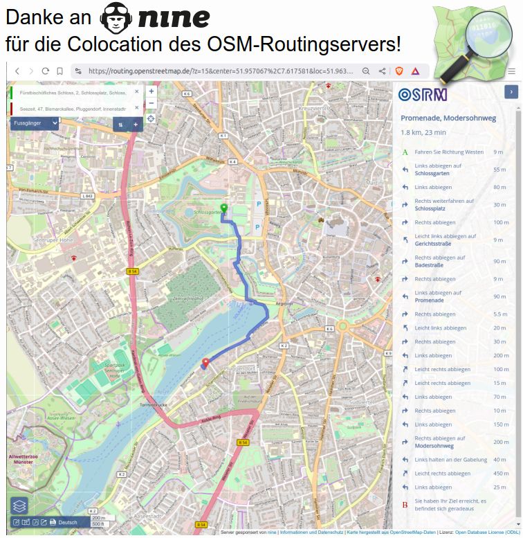 Bild zeigt eine Karte, Ausschnitt Münster auf routing.openstreetmap.de, sowie die Route für Fußgänger vom Schloss Münster zum Gästehaus Seezeit auf der Karte angezeigt und als Textform ausgegeben. Server gesponsert von nine | Informationen und Datenschutz | Karte hergestellt aus OpenStreetMap-Daten | Lizenz: Open Database License (ODbL) 
