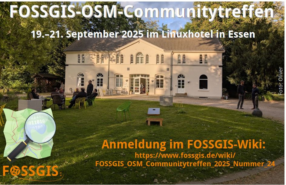 Bild zeigt Linuxhotel im Sonnenschein. Schriftzug: FOSSGIS-OSM-Communitytreffen, 19.-21. September 2025 im Linux-Hotel in Essen, Anmeldung im FOSSGIS-Wiki + URL zur Wikiseite; FOSSGIS e.V. Logo, OpenStreetMap-Logo. #OSM #FOSSGIS  #OpenStreetMap #OSGeo #OpenSource #Community 