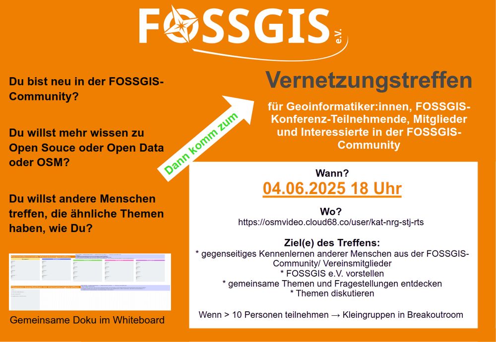 Du bist neu in der FOSSGIS-Community? 
Du willst andere Menschen treffen, die ähnliche Themen haben, wie Du?
dann komm zum Vernetzungstreffen für Geoinformatiker:innen, FOSSGIS-Konferenz-Teilnehmende, Mitglieder und Interessierte in der FOSSGIS-Community.
Wann? 04.06.2025 18 Uhr
Wo? https://osmvideo.cloud68.co/user/kat-nrg-stj-rts 
Ziel(e) des Treffens:
* gegenseitiges Kennenlernen anderer Menschen aus der FOSSGIS-Community/ Vereinsmitglieder
* FOSSGIS e.V. vorstellen
* gemeinsame Themen und Fragestellungen entdecken
* Themen diskutieren
Wenn > 10 Personen teilnehmen → Kleingruppen in Breakoutroom 
