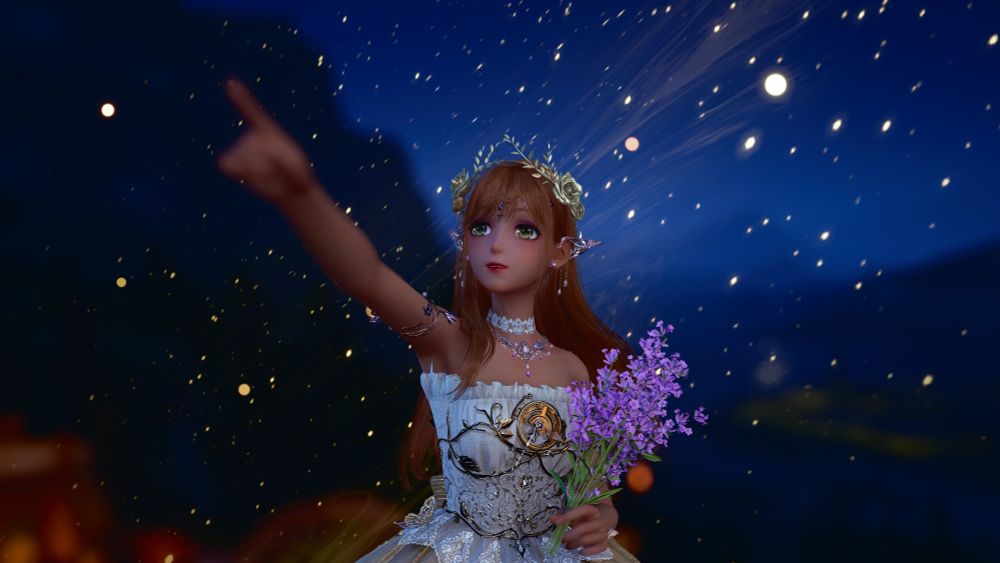 screenshot from infinity nikki in the wishful aurosa miracle outfit with twinkling bokeh effect in the background :)