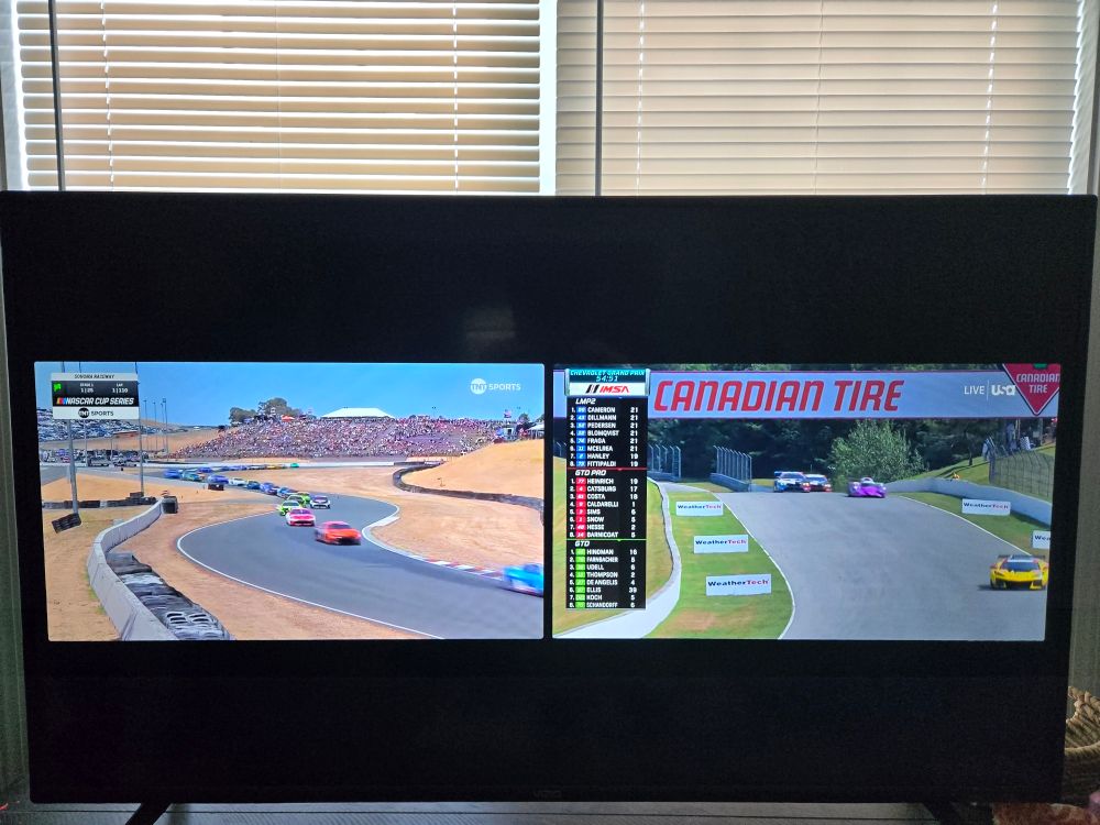 NASCAR and IMSA broadcasts side by side on my TV.