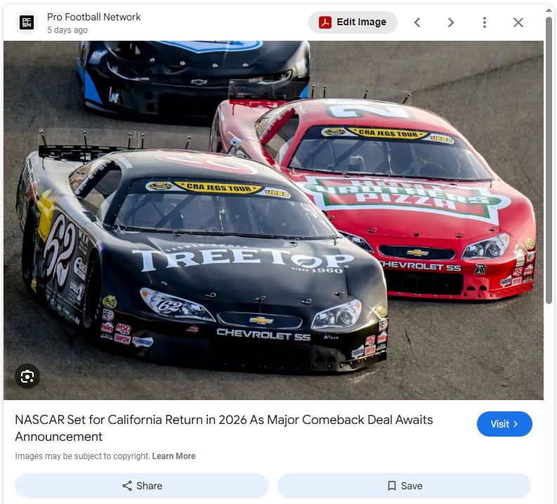 Google image search result from "Pro Football Network" of some CRA JEGS Tour Pro Late Models. Caption reads "NASCAR Set for California Return in 2026 As Major Comeback Deal Awaits Announcement". What the hell is this result?