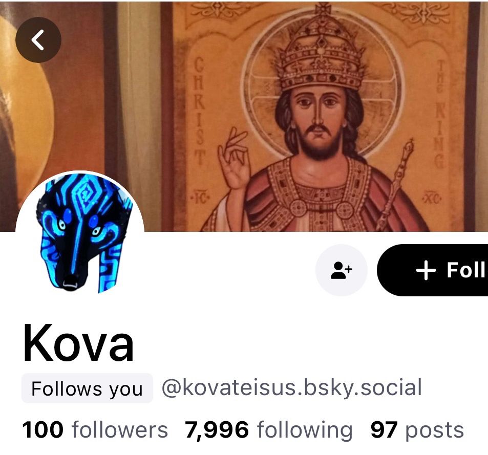 A screenshot of Kova’s user page

Follows me, 100 followers, 7,996 following