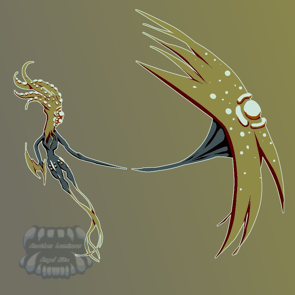 a small floaing creature forming one of its arms into a giant flower shield, it has tentacles for "hair" doting its yellow parts are white mat material