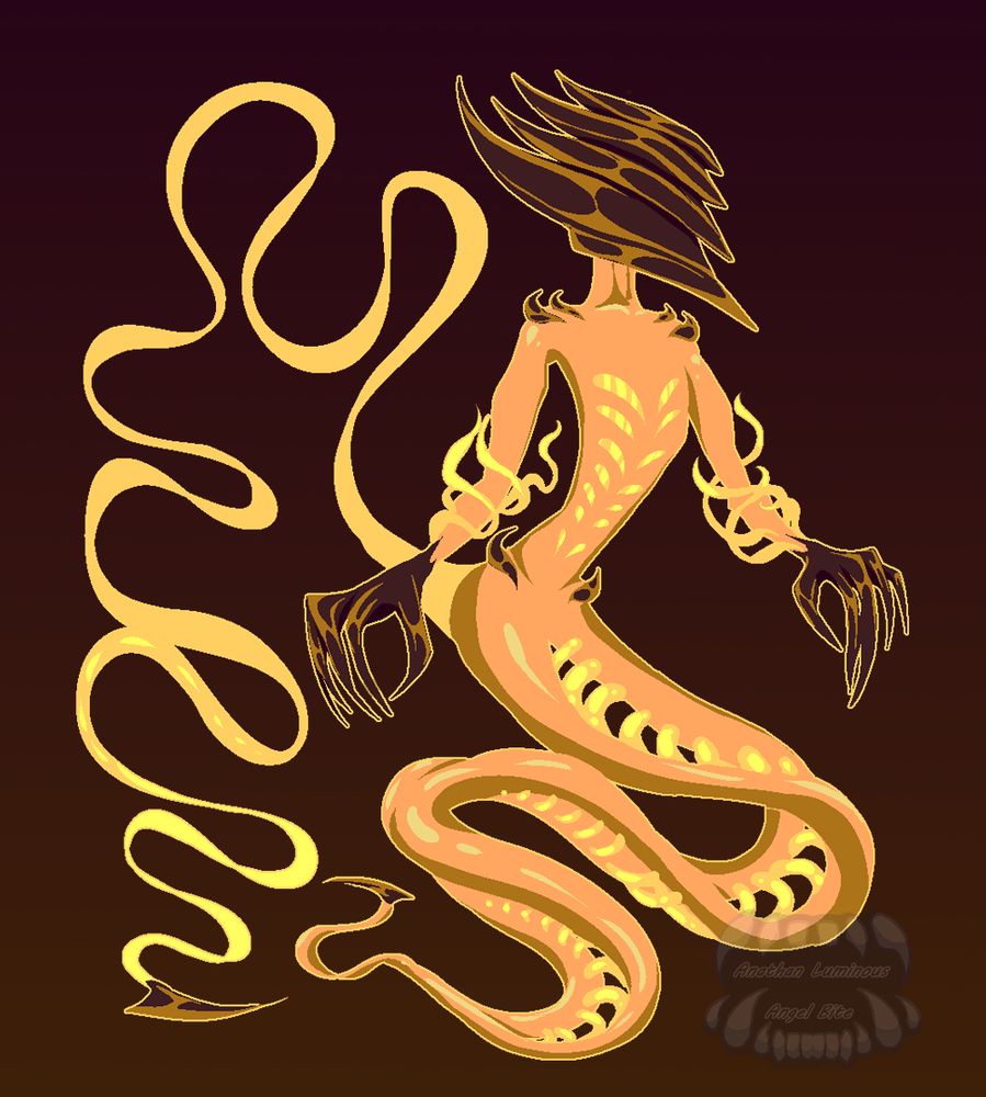 a slim figure with its legs fusing into a tail connected on the inside with lightly glowing sinew, on its tail and forearms are ribbons made out of a similar glowing material ,its both tails have big stingers, its hands and head are covered in chitn akin to armor
