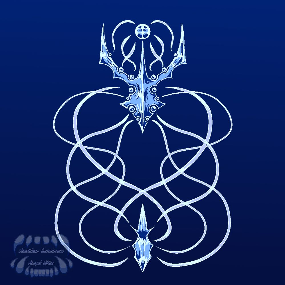 a creature made out of ice and snow, its head is sharp with many points and depressions inside of which are floating spheres made out of ice serving as eyes, it has tendrils made out of snow that reach out to a perfectly spherical ice crystal above its head and a sharp crystal below its head, the tendrils each seems to be connected to one of the "eye spheres" 