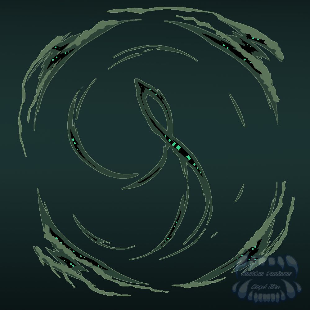a creature composed of multiple parts, shreds of concious embued in wood taken over by moss, glowing neon green eyes in the dark cracks