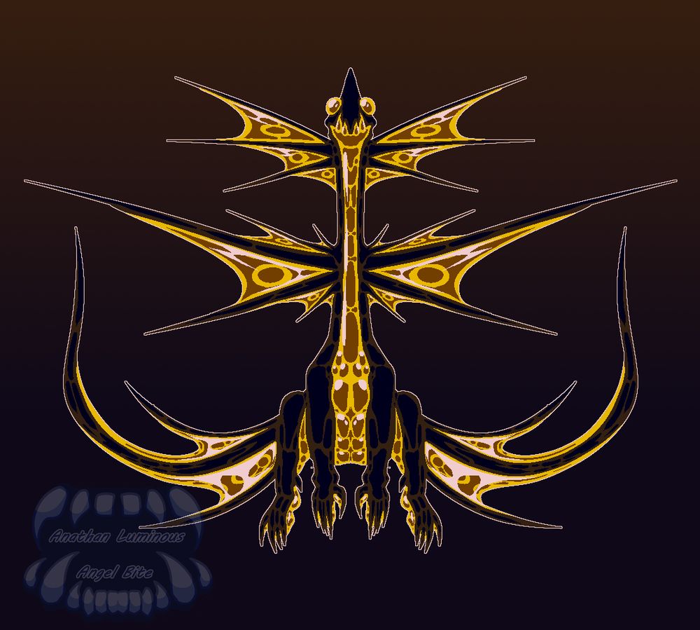 a long neck frilled lizard with a dark horn and buldging eyes, it has two sets of frills and a tail that's almost like a cape made out of frills, its belly and inbetween of the bones holding the frills are made out of molten glass