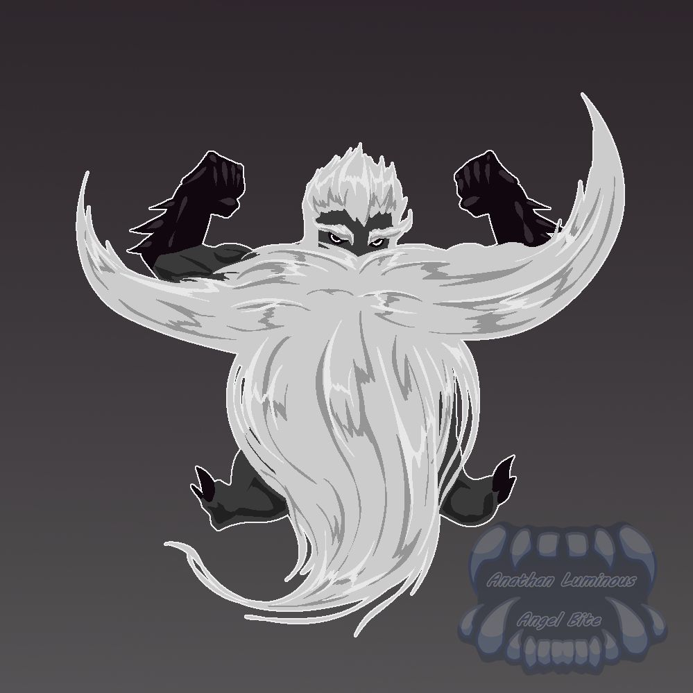a short humanoid, with a massive beard and mustache, all of the visible heair on his body shimmers with a silver sheen, he seems to have hardened skin or exoskeleton on his hands and lower arm with some spikes coming off of it