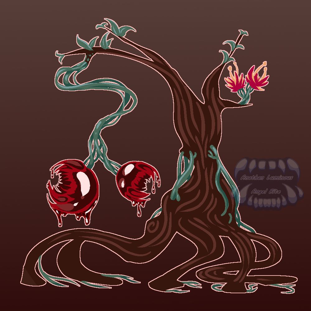 a cherry like plant creature controlling a small tree, the fruit are dripping with sweet smelling ooze thicker then honey, it has two tiny fragrant flowers, the green vines going through the tree have completely taken over the main body of the sappling using it almost how a hermit crab uses a discarded shell, the tree is still alive.