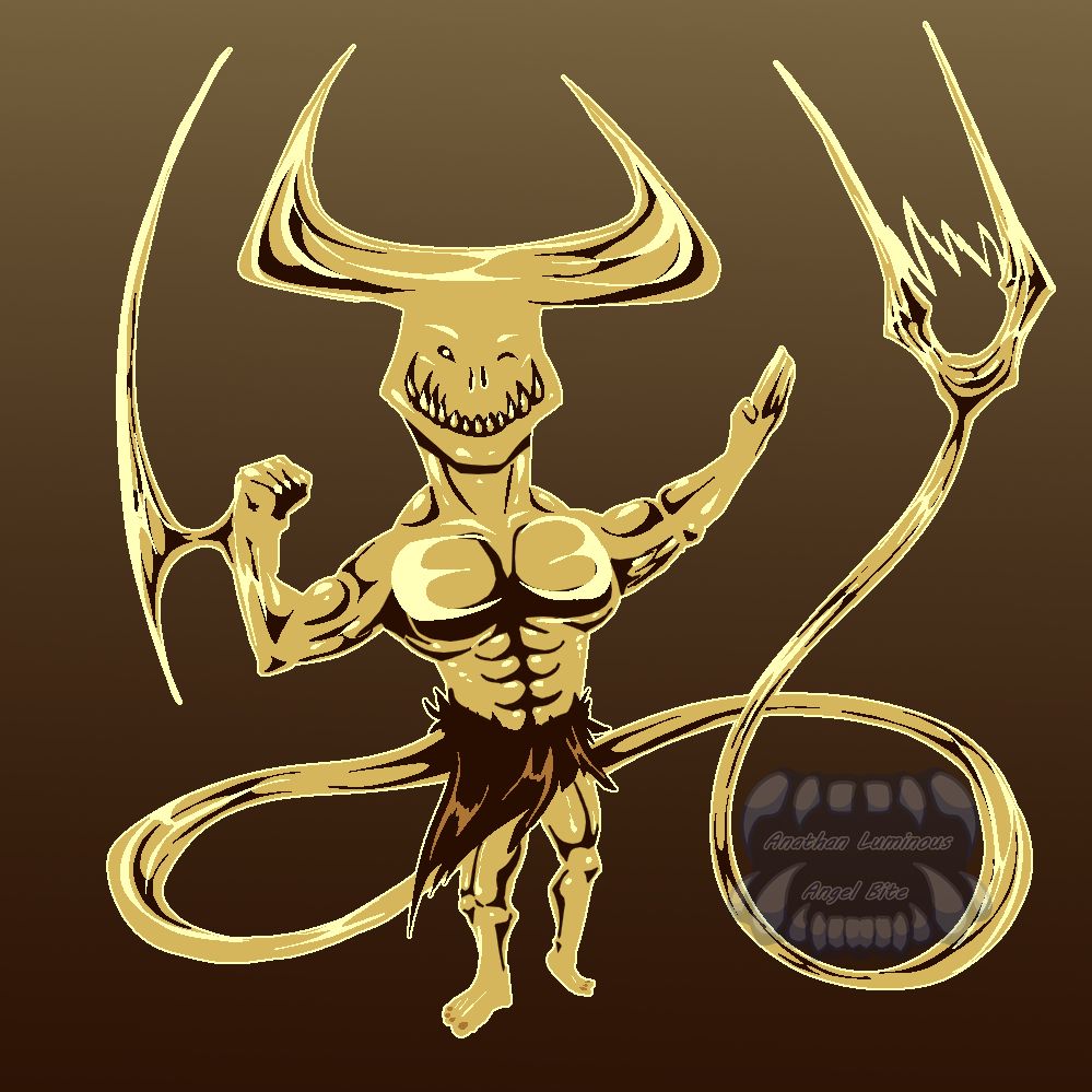 a muscular small devil with a long pronged tail that has electricity buzzing inbetween the tooning fork-like prongs, he's completely made of gold that folds and tranforms like its changing from liquid to solid at a moments notice, he's wearing a furr loin cloth and flexing 