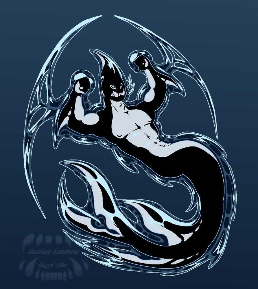 a humanoid merman looking creature with killer whale/ orca coloration enveloped in water, floating in the air forming blades out of the water, it also has sharp big teeth on the lower jaw with a visible underbite