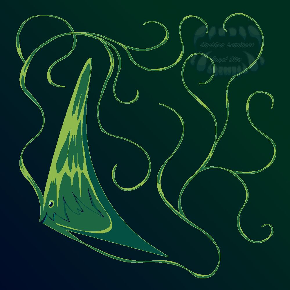 a discus-like fish with long tendrils coming out of its forhead and chin, forming into branching tendrils that curl into hooks, it has a big mouth thats subtly visible as if its body has a big crack coming from the mouth to almost all the way of its horizontal body