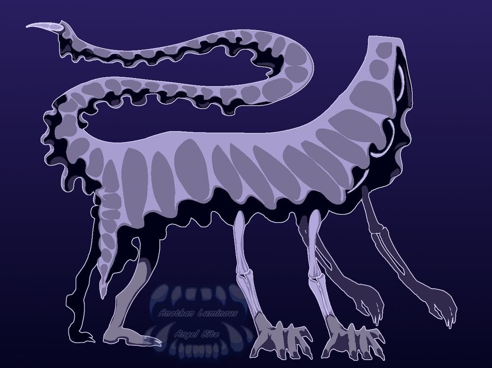 a long and tall humanoid creature with an extra set of skeletal arms, it has a tail with a stinger, the body and tail are covered in silky shiny cloth which almost absorbs all light inside of it, the creature seems to have 3 masks with hollow facess as its heads.