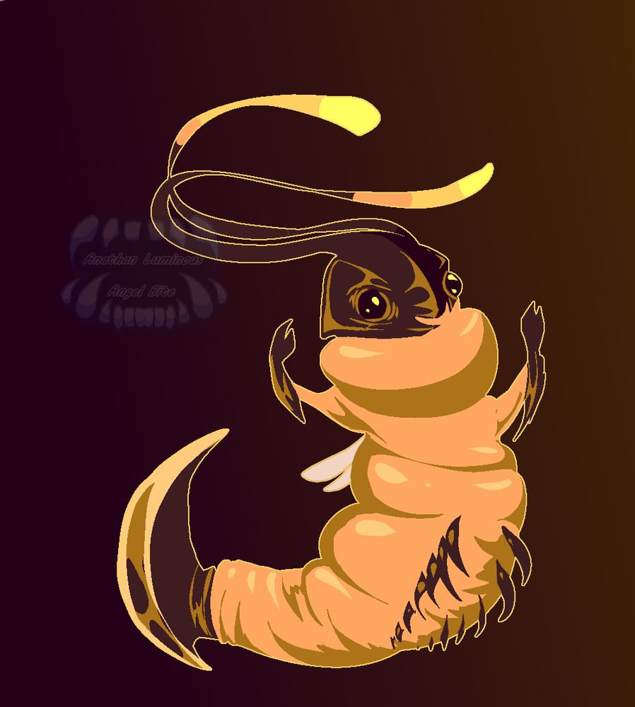 a grub with shiny exoskeleton pieces and stinger, most of its body is soft, it has flowing antena-like angler lures on its head, tiny wings that are not fully developed for this stage of its life, tiny legs and "arms" that are protected by an exoskeleton covering the lower parts of it like gloves