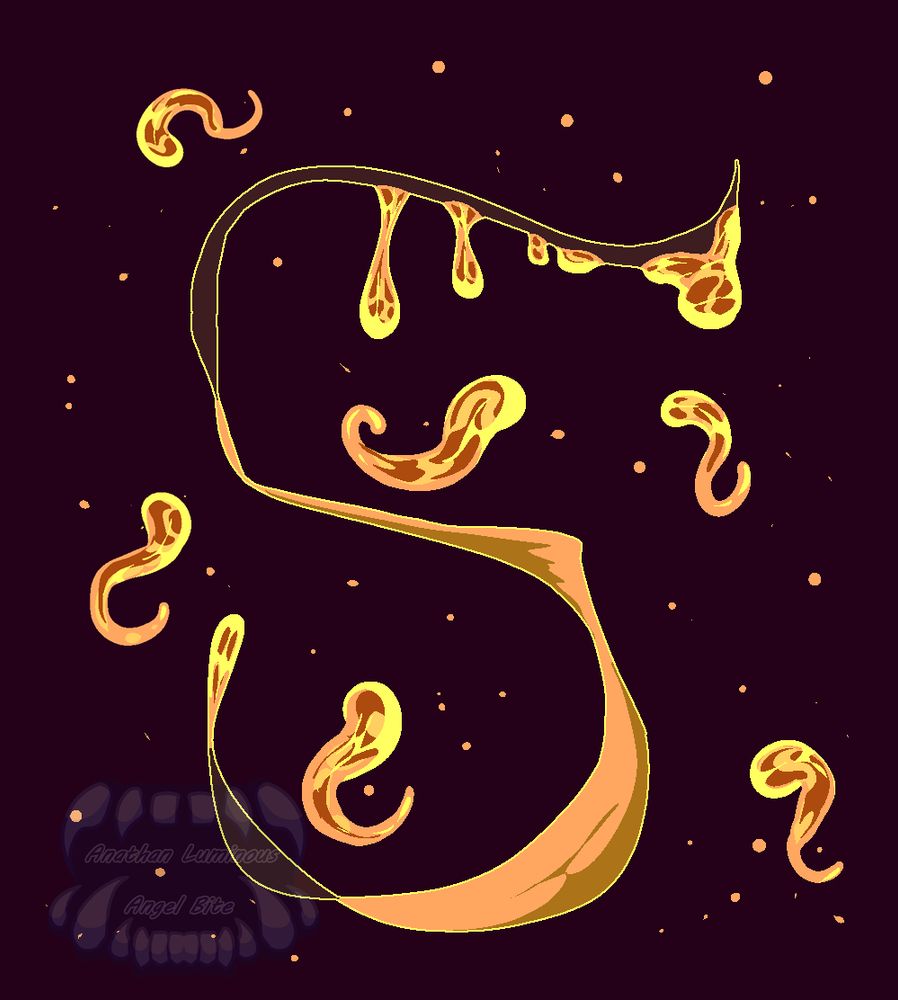 a long piece of organic matter slowly oozing out a glowing substance which seems to gaint its own form of life when it detaches from the main body, its sorrounded by a lot of tiny glowing lights which might just be particles of the rezinous substance splitting off from the main body