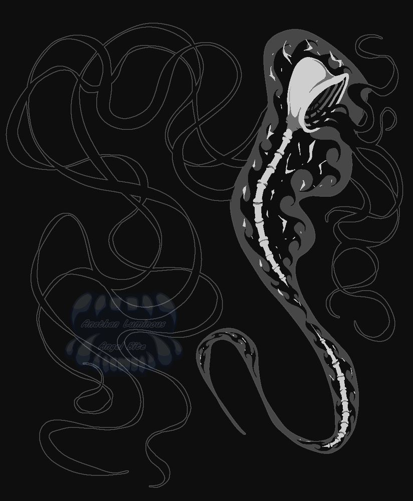 a ghastly torso with only a broken long spine and a strange head with repetitive circular bones in the "mouth", there are black billowing tendrils coming out of its mouth and back, inside of its grey body are many bone fragments